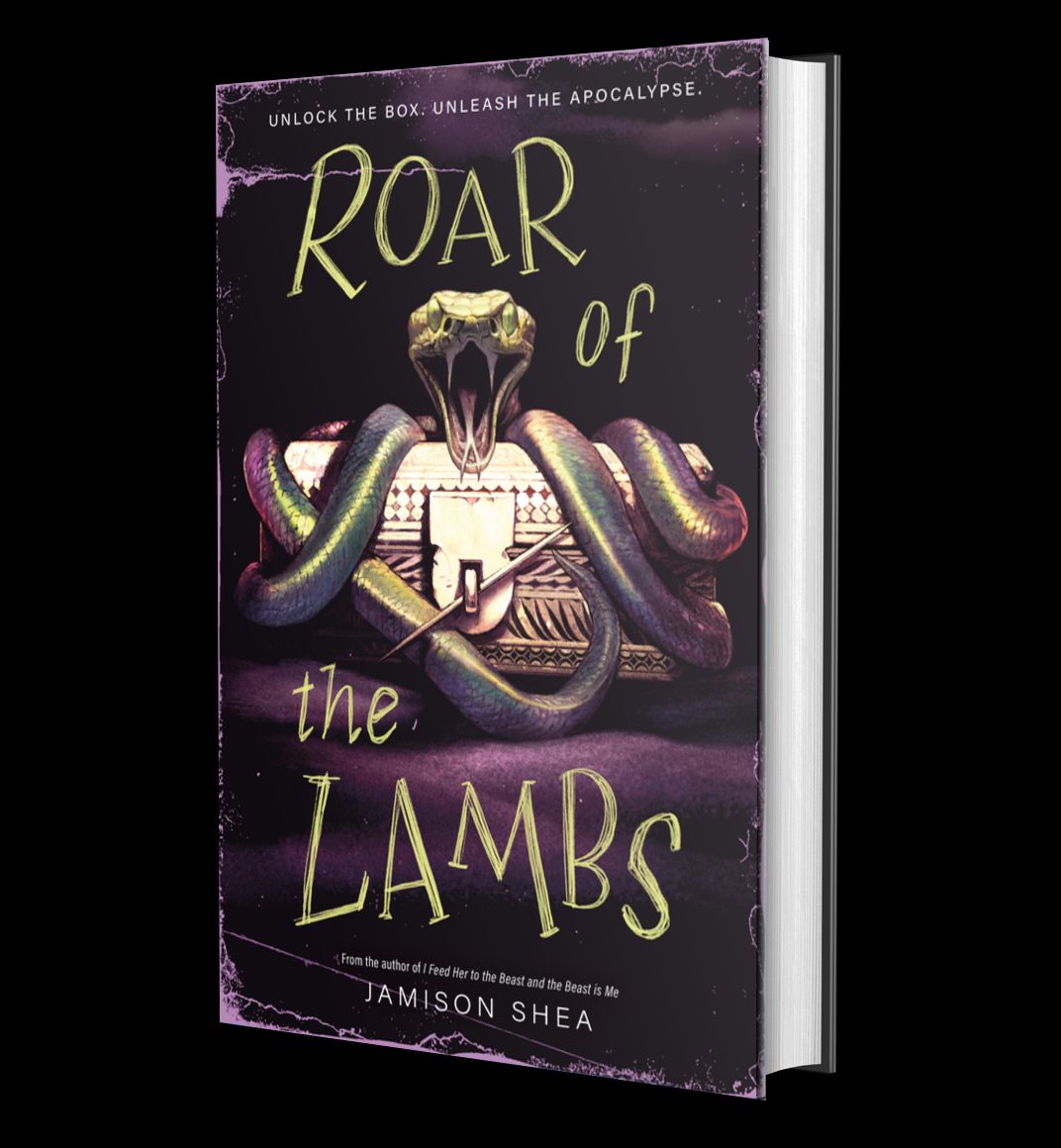 Book cover featuring a snake coiled around an elaborately decorated wooden box. The box is clasped shut with what appears to be a needle. Text reads: "Unlock the box. Unleash the apocalypse. Roar of the Lambs. From the author of I Feed Her to the Beast and the Beast is Me: Jamison Shea"